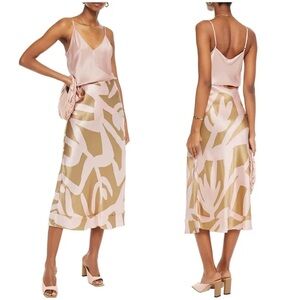 New! Lee Mathews Bella Printed Silk-Satin Pink and Tan Midi Skirt 🤍 size 0